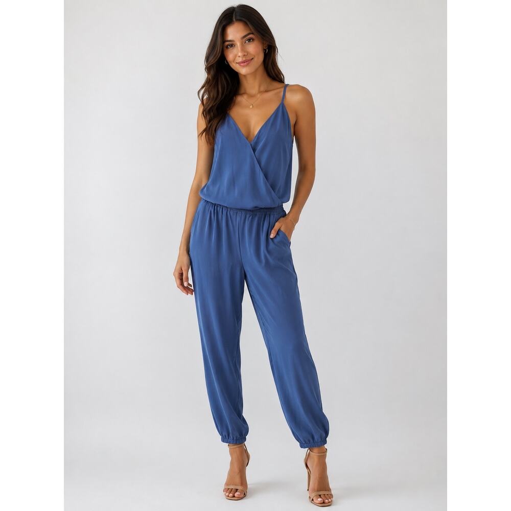 Joie Blue Silk Siet Surplice Jumpsuit Jogger Leg Sleeveless Pockets Size Small
